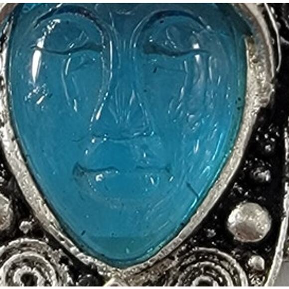 Unique Sterling Silver Pendant with Blue Carved Face and Red Gemstones - Picture 3 of 8